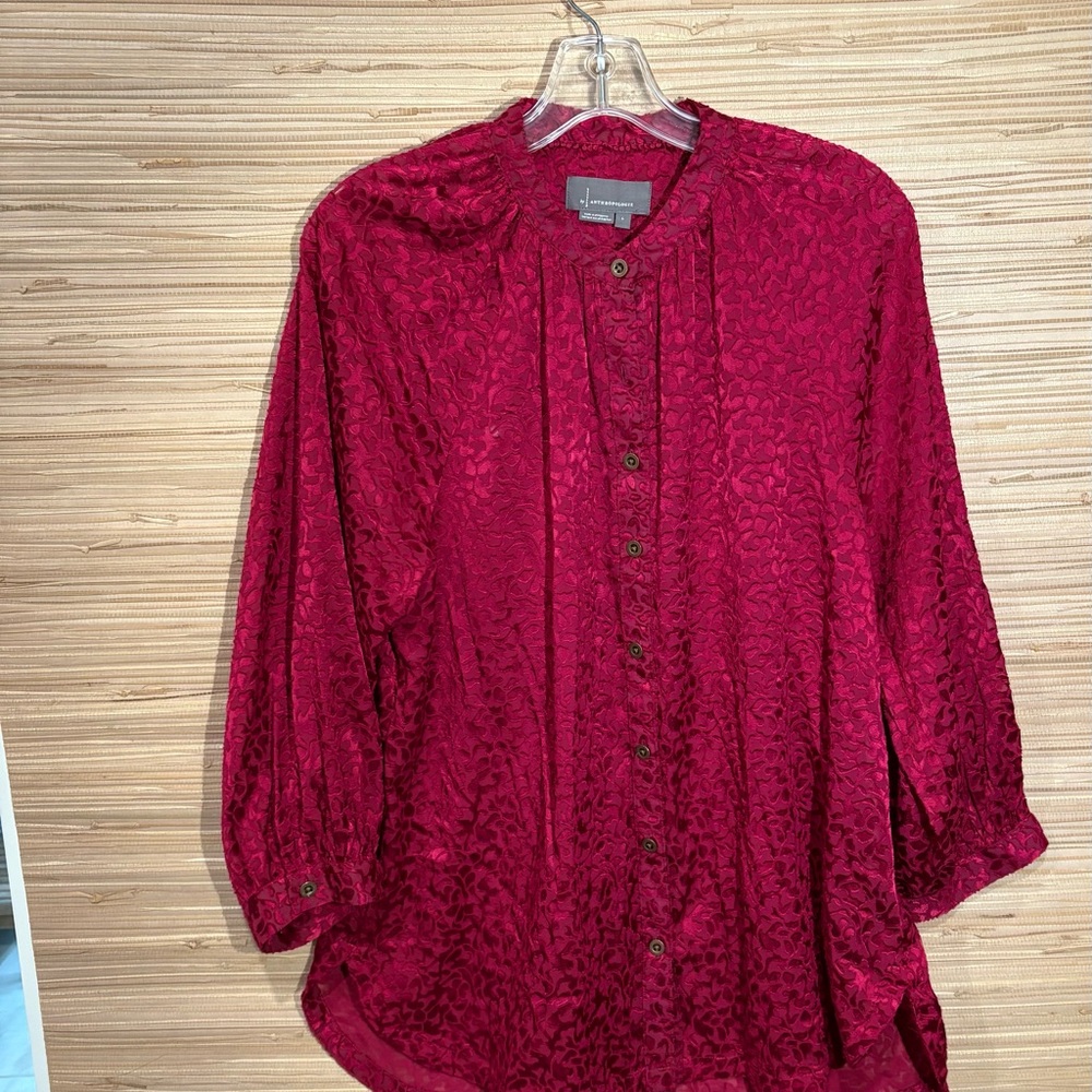 Anthropologie Rich Burgundy Button-Up Blouse-Perfect for the holidays.